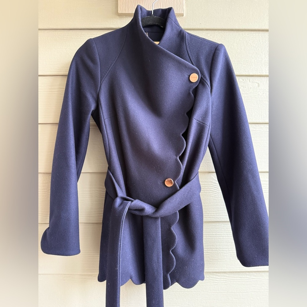 Ted Baker Navy Wool Belted Coat with Floral Lining Size XS